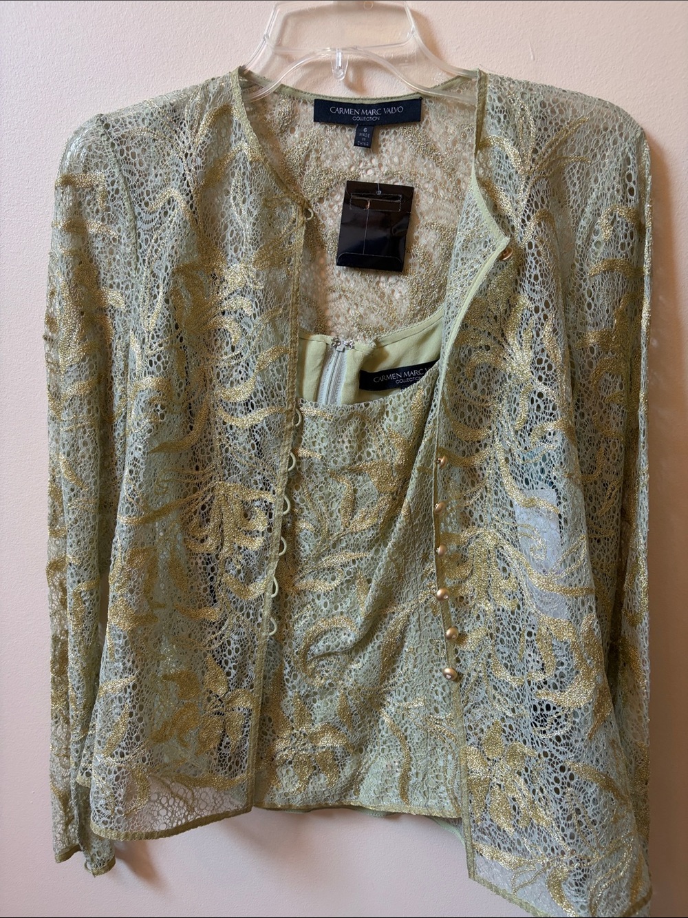 Carmen Marc Valvo Collection Light Sage Lace Jacket with Matching Shell